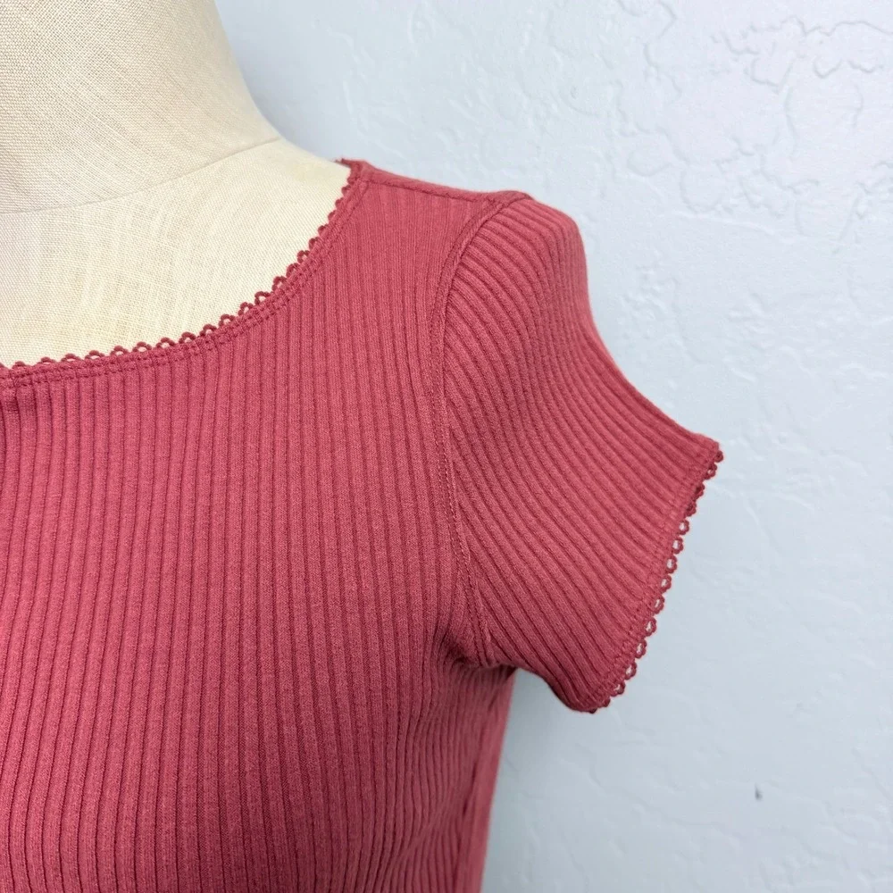 Free People Intimately Most Wanted Cardi Ribbed Button Top Red Lace Trim M